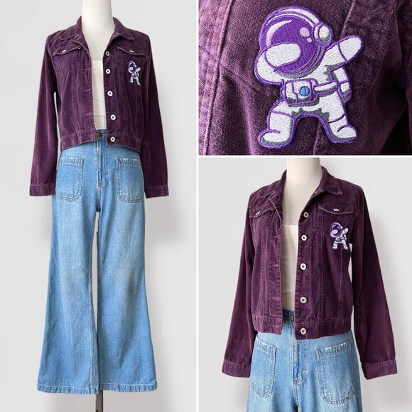 Purple Trucker Jacket 100% Cotton Sz 2 Spacecore Festival Y2K Semi Cropped - Picture 1 of 8